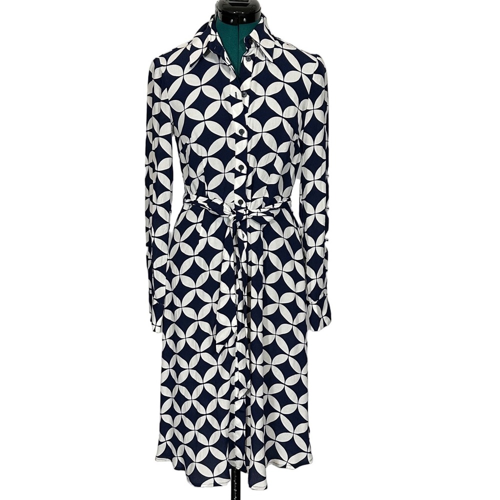Boden Shirt Dress Geometric Petal Print 4R Navy White Belted Long Sleeve Midi - Picture 3 of 9